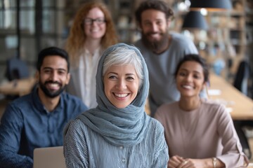Fototapeta premium Team collaborates in modern office space with individuals from different backgrounds smiling and engaging in work activities