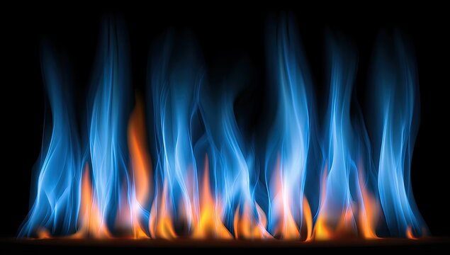 Vibrant blue and orange flames dance in darkness, creating an ethereal, upward-reaching spectacle