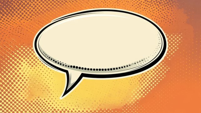Comic book style blank speech bubble overlay with halftone dotted texture orange retro background graphics.