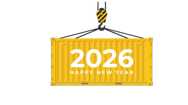 Bright yellow shipping container hanging from a industrial crane for the new year twenty twenty six