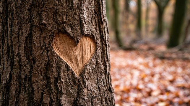 Carved heart shape on tree trunk in a forest setting with autumn leaves