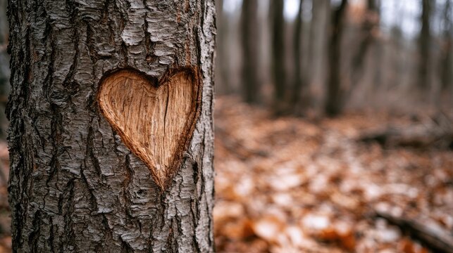 Heart carved into tree trunk, autumn forest background, leaves on ground