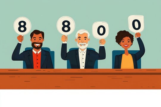 Three seated judges in suits hold round score paddles showing 8, 8 and 0 over a wooden panel conveying mixed approval and disappointment