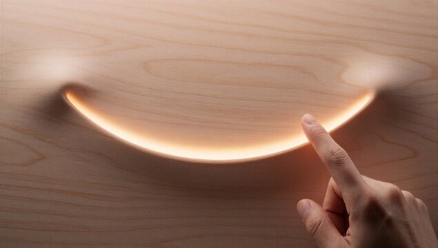 Finger touching a glowing smile carved in wood, representing customer satisfaction and positive experience concept