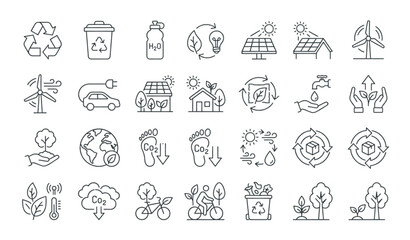 Fototapeta premium Ecology Line Icon Set with Plastic Recycling Green Energy and Sustainability Symbols