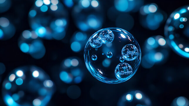 Abstract background with floating blue bubbles and glowing bokeh lights