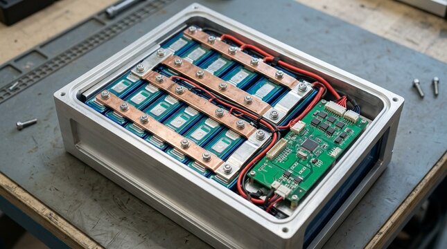Battery pack module open showing individual prismatic lithium cells in aluminum module frame busbars connecting cells battery management system PCB visible