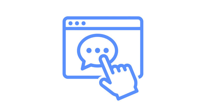 Hand pointing at chat bubble icon on screen.