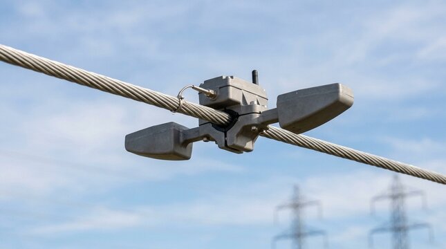 Dynamic line rating sensor vibration damper style DLR sensor clipped onto overhead conductor monitoring temperature and sag