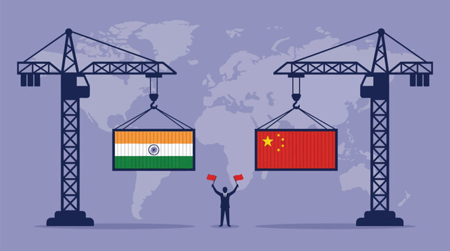 Vector graphic illustration showing heavy construction cranes lifting shipping containers with national flags for global trade