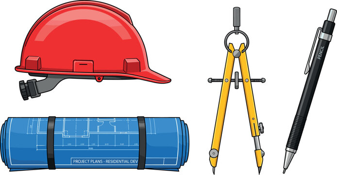 Professional Architecture And Engineering Tool Vector Set Featuring Red Construction Hard Hat Rolled Blueprint Plan Yellow Drawing Compass And Mechanical Pencil Icons