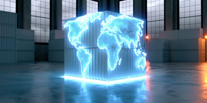 Holographic world map glowing cube in warehouse interior with blue light reflections and futuristic technology