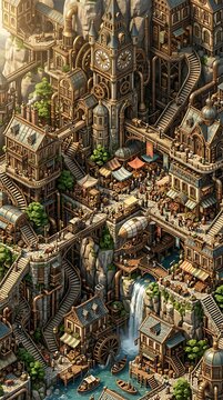 Bustling steampunk mountain city with intricate clockwork gears