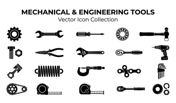 Create a premium black and white vector collection of 64 unique mechanical parts and engineering tool icons isolated on a solid white background. Include spur gears, bevel gears, helical gears, worm g
