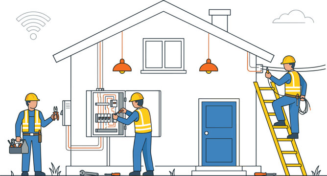 Electrician workers installing home power wiring system repairing electrical breaker panel box on house wall vector outline illustration