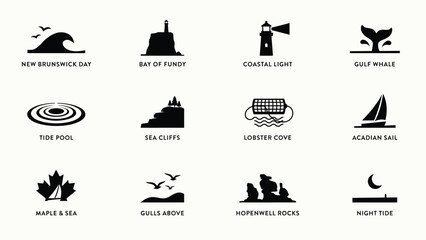 Minimalist coastal and maritime themed icons set featuring lighthouses whales and sailboats for travel branding © PRITOM