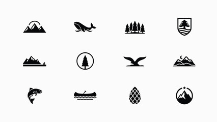 Modern black and white icons set showcasing nature and adventure themes for branding © PRITOM