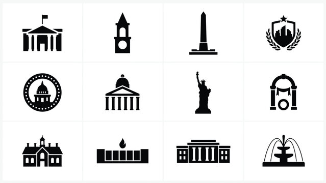 Black and white icon set showcasing twelve symbolic landmarks and architectural elements for patriotic