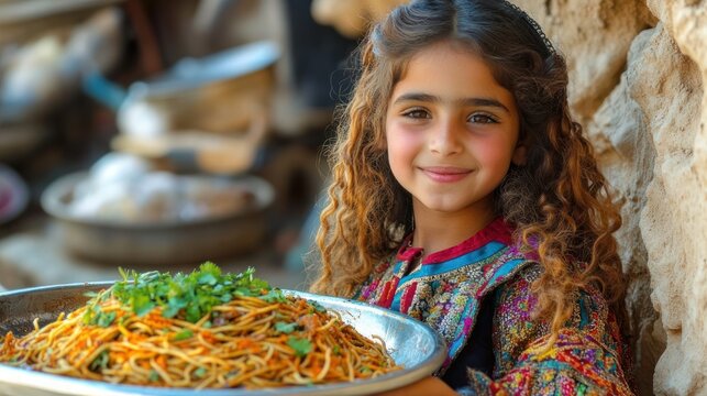 Child in colorful embroidered clothing holding a large metal tray of seasoned noodles garnished with fresh herbs, shy and proud in a rustic outdoor market setting