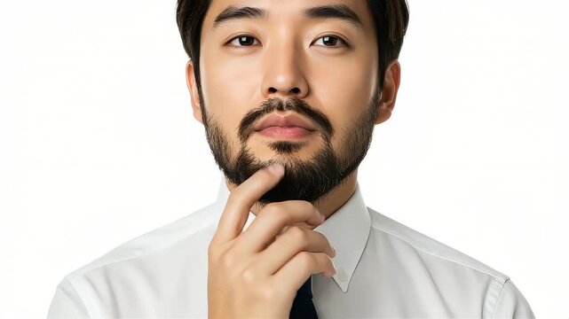 立派な髭を蓄えた白シャツネクタイ姿の男性の正面カット