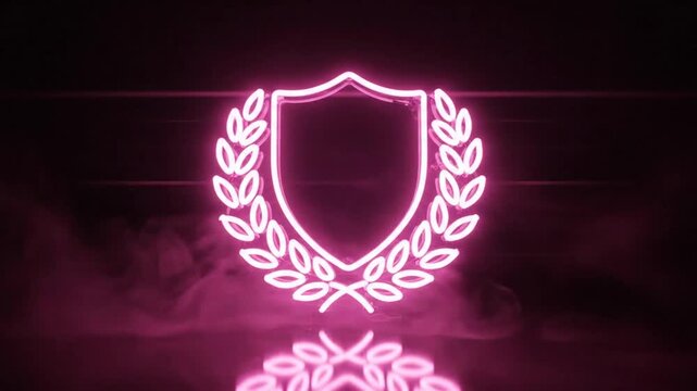 Neon pink shield emblem illuminated with laurel wreath and reflective surface in dark environment
