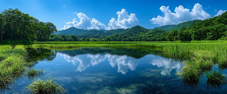 Calm lake reflecting clouds, mountains, & lush green vegetation; nature serenity scene