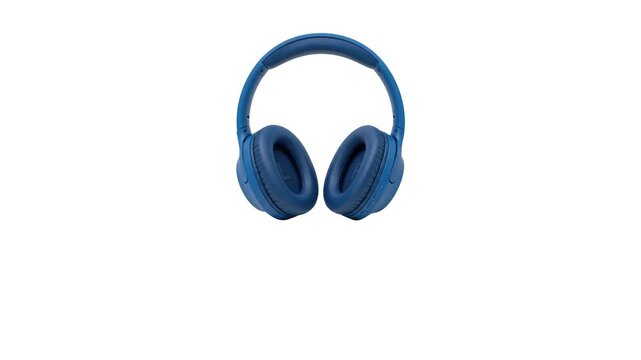 Animated modern blue wireless headphones falling from the top on an isolated white background. Realistic 3D over-ear audio headset dropping down animation loop for tech product advertisement template 