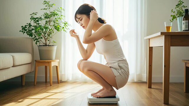体重計の上で浮かない表情を浮かべ頭に手を当てるポニーテールの女性