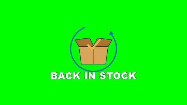 4K green screen BACK IN STOCK animated title - an open box pops up with a restock arrow and check, kinetic typography motion graphics intro overlay, chroma key