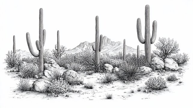 Desert landscape sketch featuring iconic saguaro cacti, rocky terrain, and mountains in grayscale