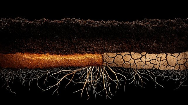 Cross-section of soil layers with roots