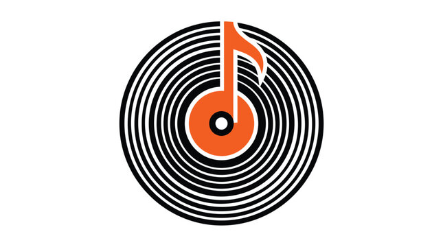 Modern graphic music logo featuring a circular black vinyl record with a bright orange note