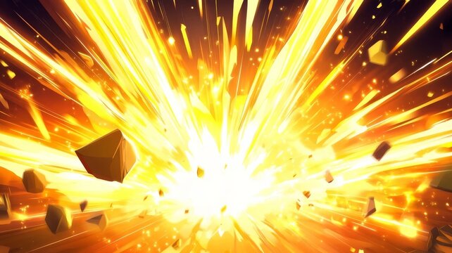 Dynamic anime style explosive energy blast with flying debris fragments explosive golden light effect with motion lines and flying debris.