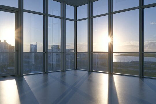 Empty modern corner office with floor-to-ceiling windows and sunset view
