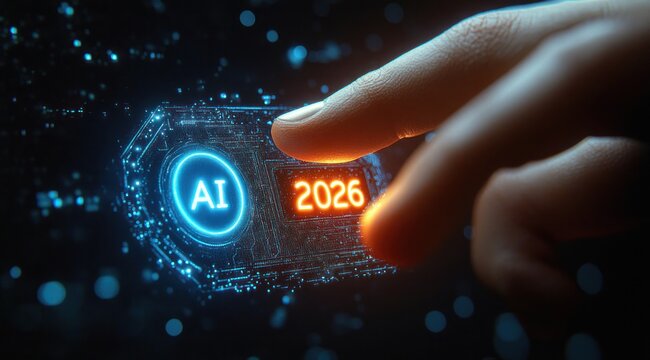Human finger touching a glowing holographic tag with a blue AI button and orange 2025 display on a futuristic digital circuit interface, evoking curiosity and anticipation