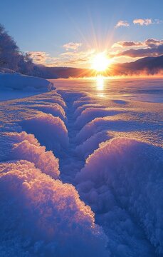 Sunrise over a frozen lake with a radiant sunburst reflecting on misty water, snow-covered banks and a deep snowy fissure leading toward distant mountains, serene and crisp winter morning