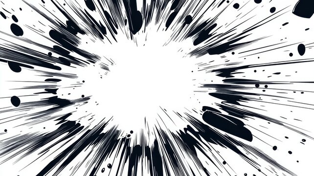 Dynamic manga speed lines background with ink splatter and radial focus effect for comic book action scene design elements.
