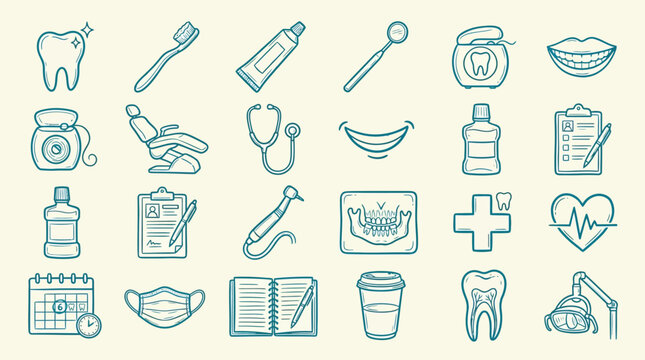 Collection of dental care icons and symbols, representing oral hygiene and medical treatment.