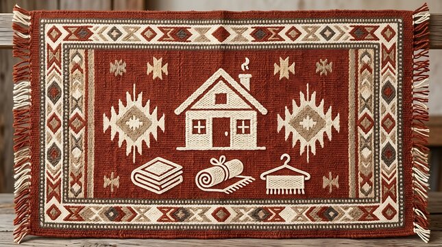 Rustic woven rug with cabin and cozy textile motifs