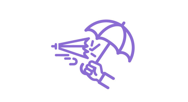 Purple umbrella icon with rain drops and hand.