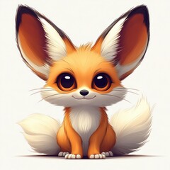 Fototapeta premium adorable small orange fox with oversized ears and fluffy tail sitting shyly, tiny paws and soft fur, face obscured by a square blur conveying playful curiosity and innocence