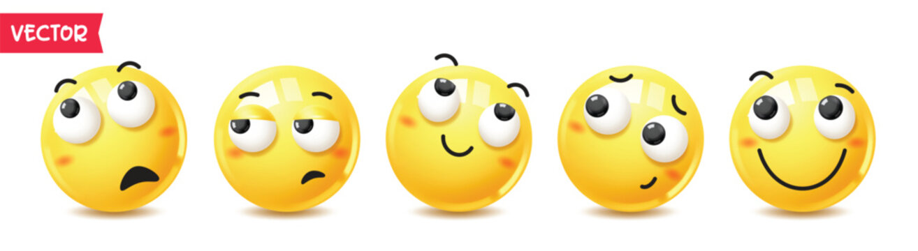 Side eyes emojis clipart 3d character design set. Cute glossy yellow emoticons with confused, suspicious, rolling, thinking, and happy facial expressions. Vector illustration. 
