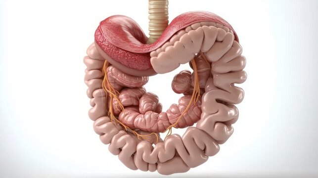 detailed medical illustration of tongue and upper digestive tract with esophagus leading to coiled small and large intestines and visible yellow enteric nerves, evoking clinical curiosity