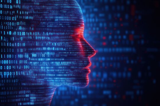 glowing digital human profile formed from blue binary code with red highlights, abstract futuristic face and contemplative mood
