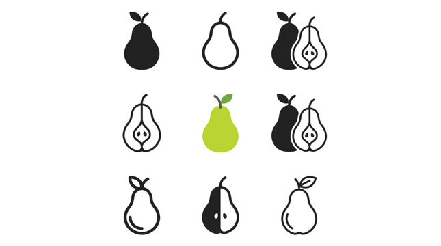 A collection of minimalist pear icons featuring solid black outlines and a single green shape