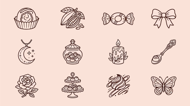 A collection of hand-drawn decorative icons featuring sweets, flowers, and celestial elements.