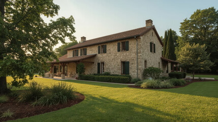 Obraz premium Rustic stone countryside house exterior with warm light, manicured lawn and mature trees