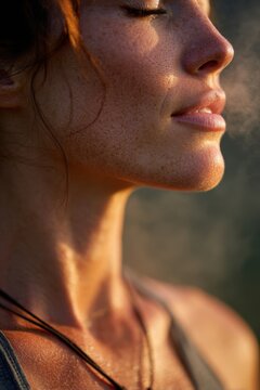 Closeup of a woman enjoying a moment during sunset, warm light highlighting her features and facial expression