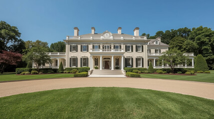 Obraz premium Luxurious mansion exterior with grand entrance, manicured lawn and classical architecture