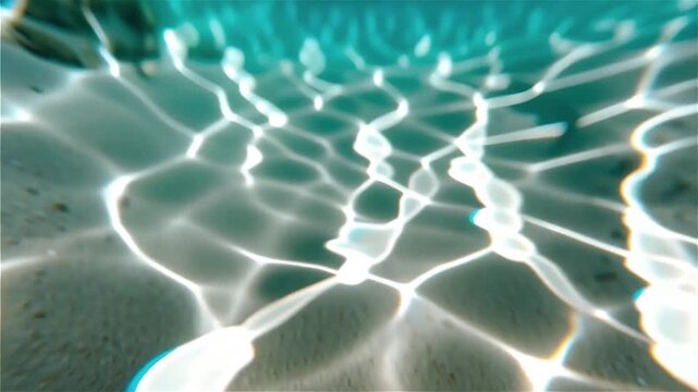 Close-up macro water ripples and caustics with light refraction, underwater abstract light patterns, seamless looping 4K